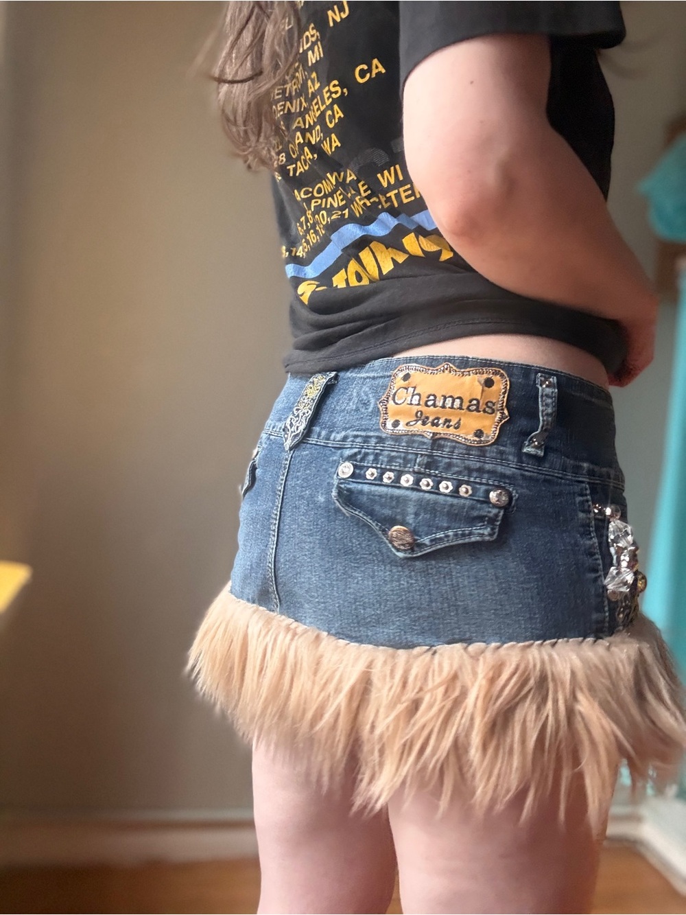 Vintage Y2K Fur Trim Micro Mini Skirt | Embellished Low Rise Denim skirt | M - Picture 4 of 10
